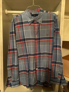 Ralph Lauren Light Blue Plaid Dress Shirt with Red Accents